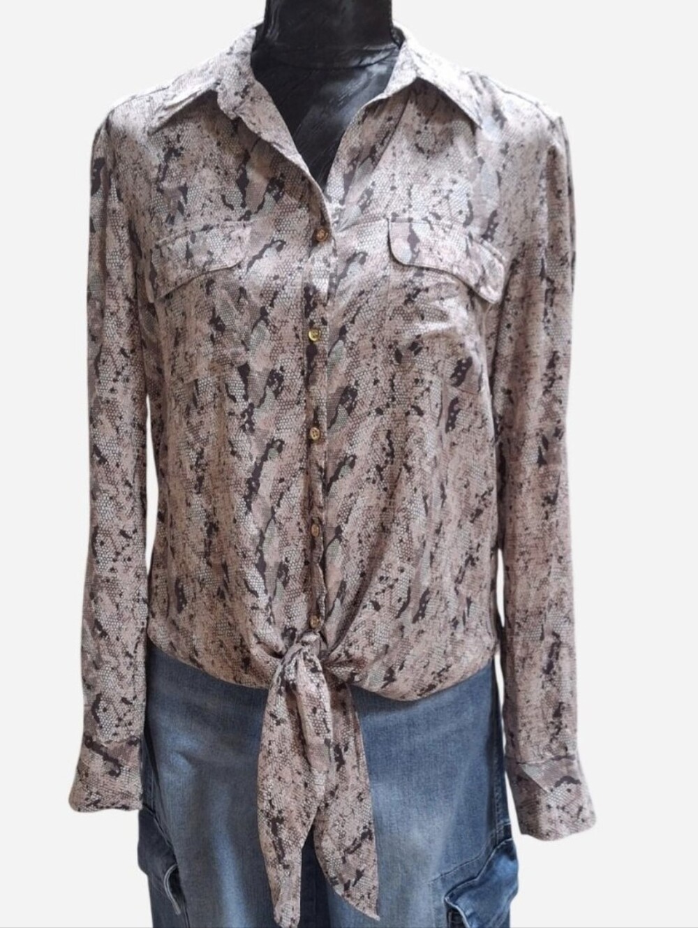 Antonio Melani 100% Silk Snakeskin Tie-Front Button Down Blouse Size M